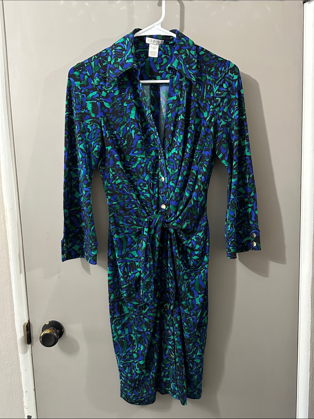 Cache Blue & Green Twist-Front Long Sleeve Midi Dress